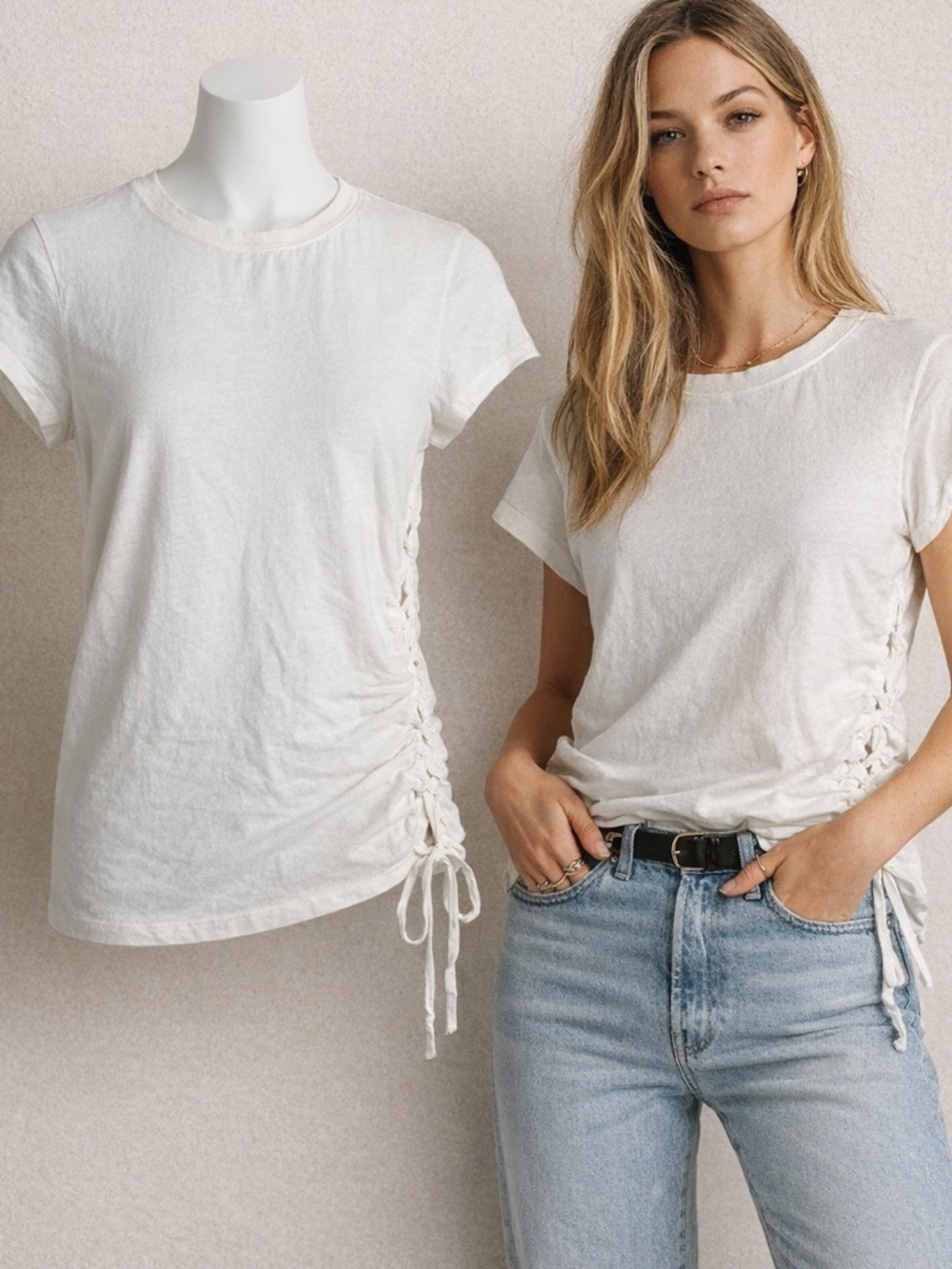 ALLSAINTS Isla Laced Tee | White | Cotton Side Lace Detail | Short Sleeve | M